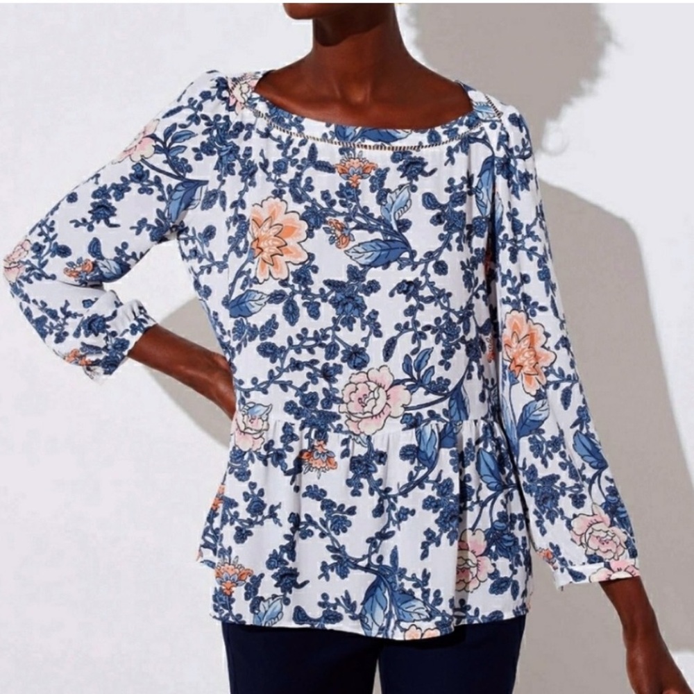 LOFT Floral Peplum Blouse Blue Pink White Boho Top Petite Medium